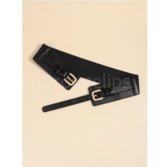 Vegan Faux Leather PU Black Belt Stretchy Back Yellow Gold Tone Buckle - Picture 7 of 9